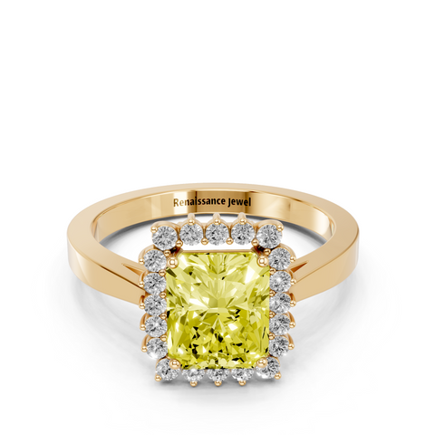 Yellow gold Fancy Yellow Radiant  Cut Diamond Halo Ring with Round Brilliant Halo and Solitaire Band