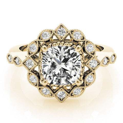Yellow gold Halo Cushion Cut Diamond Milgrain Band with Four-Prong Setting