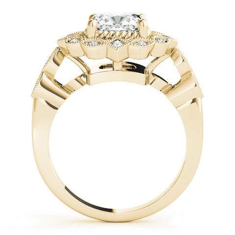 Yellow gold Halo Cushion Cut Diamond Milgrain Band with Four-Prong Setting