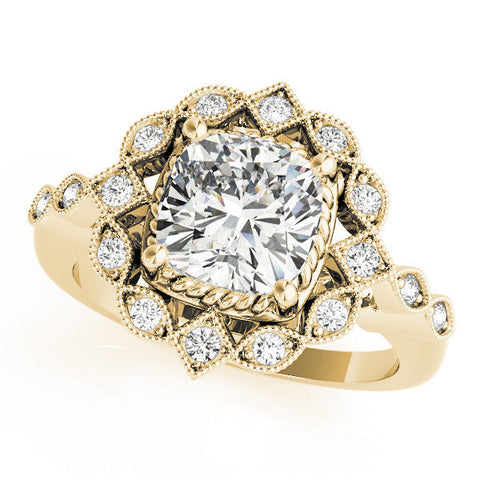 Yellow gold Halo Cushion Cut Diamond Milgrain Band with Four-Prong Setting