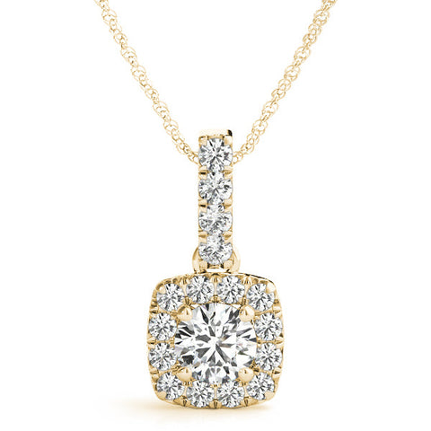 Yellow gold Halo Cushion Cut Diamond Pendant with Four-Prong Setting