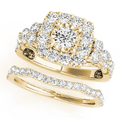 Yellow gold Halo Round Cut Diamond Ring with Pavé Band and Four-Prong Setting