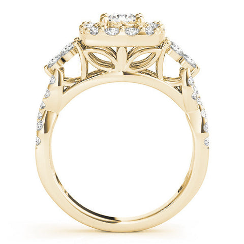 Yellow gold Halo Round Cut Diamond Ring with Pavé Band and Four-Prong Setting