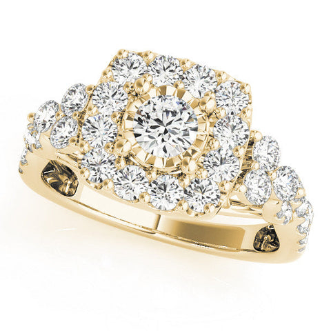 Yellow gold Halo Round Cut Diamond Ring with Pavé Band and Four-Prong Setting