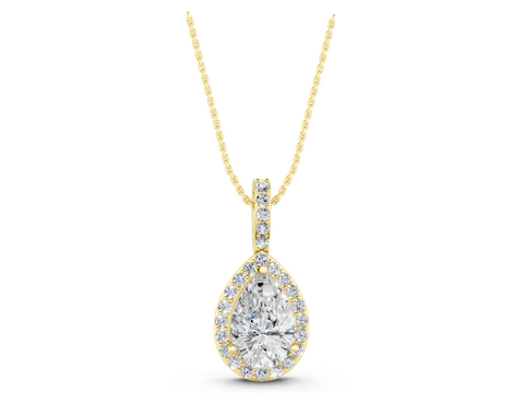 Yellow gold Halo Pear Diamond Pendant with Prong Setting
