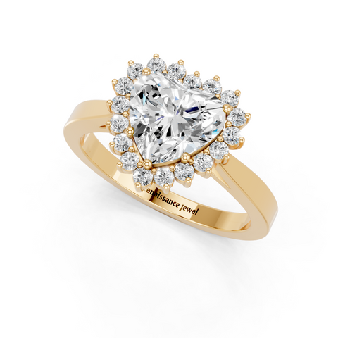 Yellow gold Heart Cut Diamond Pavé Band Solitaire Ring with Four-Prong Setting