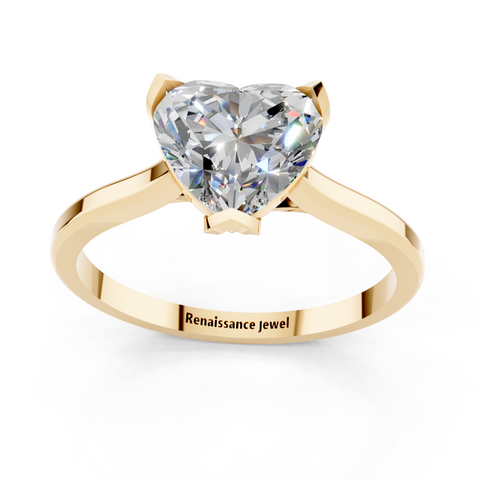 Yellow gold Heart Cut Solitaire Diamond Ring with Flower-Prong Setting and Classic Band