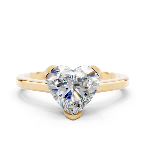 Yellow gold Heart Cut Solitaire Diamond Ring with Flower-Prong Setting and Classic Band