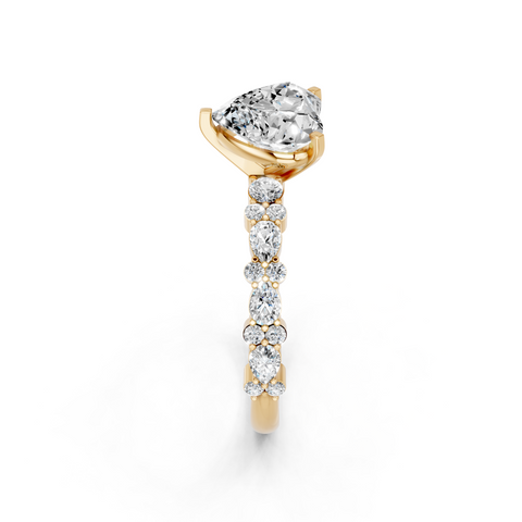 Yellow gold Heart Solitaire with Side Stones, Pave Band, Four-Prong Setting