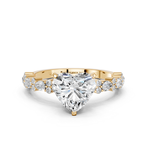 Yellow gold Heart Solitaire with Side Stones, Pave Band, Four-Prong Setting