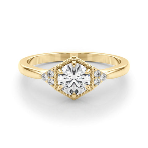 Yellow gold Hexagonal Halo Round Diamond Solitaire with Pavé Band and Four-Prong Setting