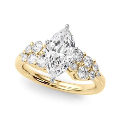 Yellow gold Marquise Cluster Diamond Engagement Ring with Pavé Band and Four-Prong Setting