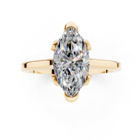 Yellow gold Marquise Cut Solitaire Diamond Ring with Flower-Prong Setting and Classic Band