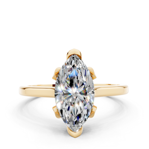 Yellow gold Marquise Cut Solitaire Diamond Ring with Flower-Prong Setting and Classic Band