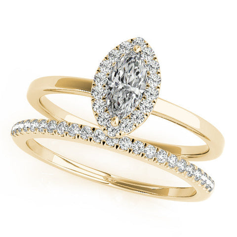 Yellow gold Marquise Halo Diamond Solitaire with Pavé Band and Four-Prong Setting