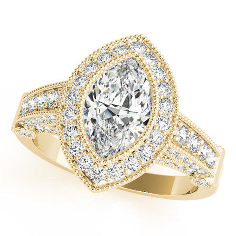 Yellow gold Marquise Halo Diamond Split Shank Pave Ring