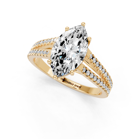 Yellow gold Marquise Solitaire Split Shank Pavé Diamond Engagement Ring