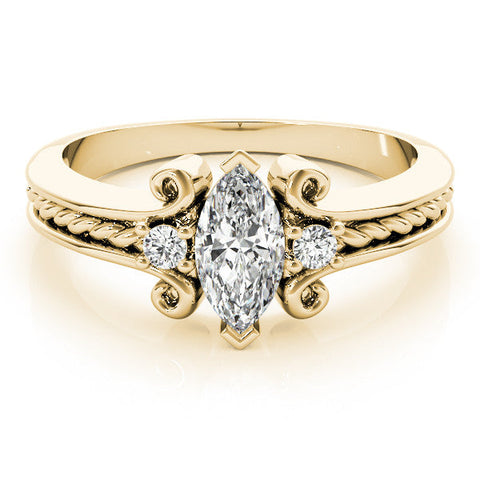 Yellow gold Marquise Solitaire Twisted Band Scroll Prong Ring