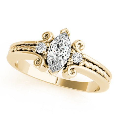 Yellow gold Marquise Solitaire Twisted Band Scroll Prong Ring