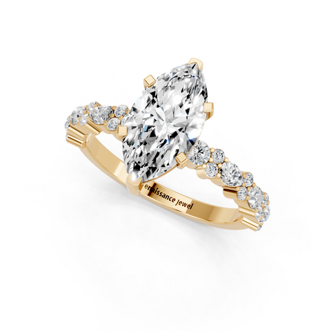Yellow gold Marquise Solitaire with Side Stones, Pave Band, Four-Prong Setting