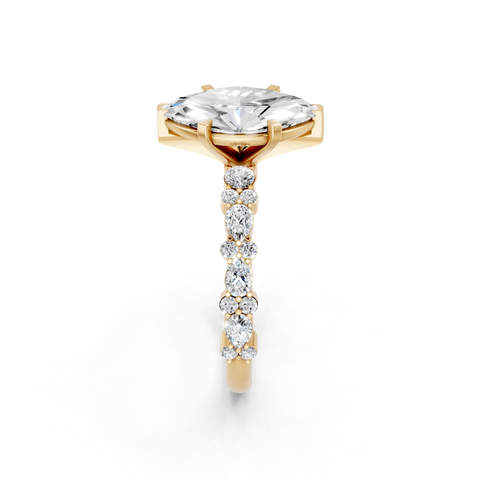 Yellow gold Marquise Solitaire with Side Stones, Pave Band, Four-Prong Setting