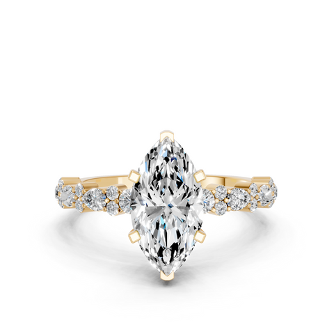 Yellow gold Marquise Solitaire with Side Stones, Pave Band, Four-Prong Setting