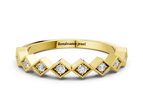 Yellow gold Milgrain Diamond Geometric Stackable Band with Round Cut Stones and Bezel Setting