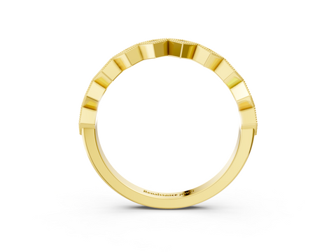 Yellow gold Milgrain Diamond Geometric Stackable Band with Round Cut Stones and Bezel Setting