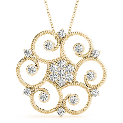 Yellow gold Milgrain Diamond Round Swirl Pendant with Prong Setting