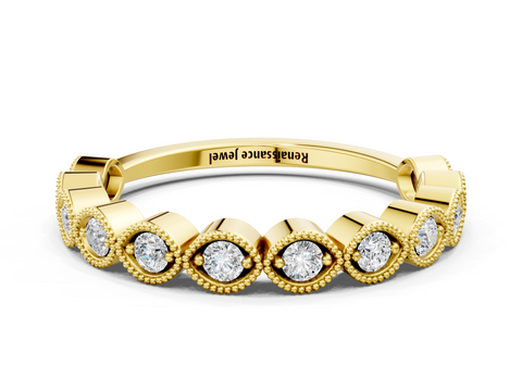 Yellow gold Milgrain Marquise Diamond Eternity Band with Bezel Setting