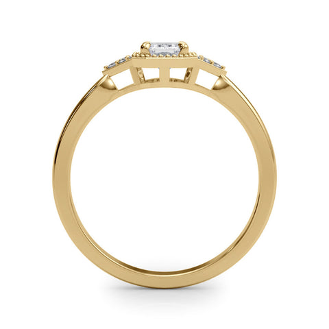 Yellow gold Milgrain Emerald Cut Diamond Ring with Tapered Pave Band and Four Prong Setting