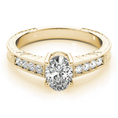 Yellow gold Oval Cut Diamond Milgrain Pave Band with Four-Prong Setting