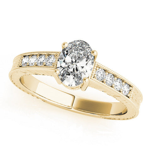 Yellow gold Oval Cut Diamond Milgrain Pave Band with Four-Prong Setting