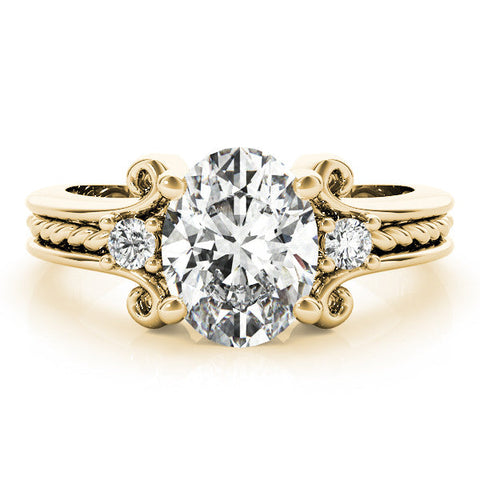 Yellow gold Oval Cut Diamond Ring with Scrollwork Band and Prong Setting