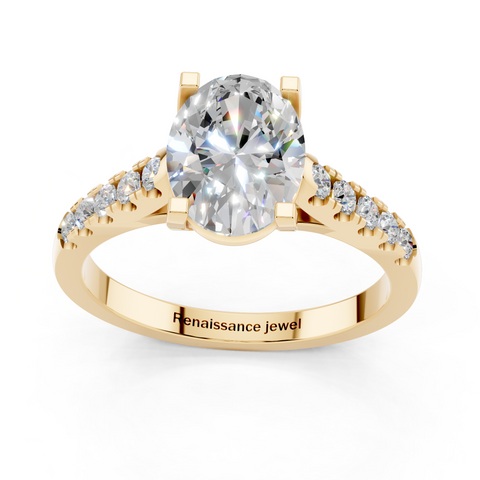 Yellow gold Oval Cut Pavé Band Solitaire Ring with Four-Prong Setting