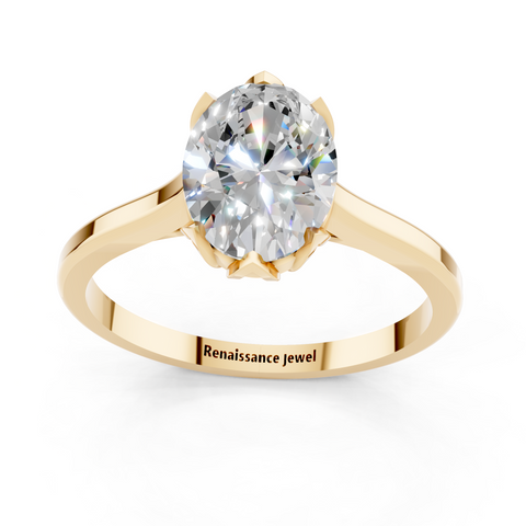Yellow gold Oval Cut Solitaire Diamond Ring with Flower-Prong Setting and Classic Band