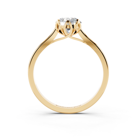 Yellow gold Oval Cut Solitaire Diamond Ring with Flower-Prong Setting and Classic Band