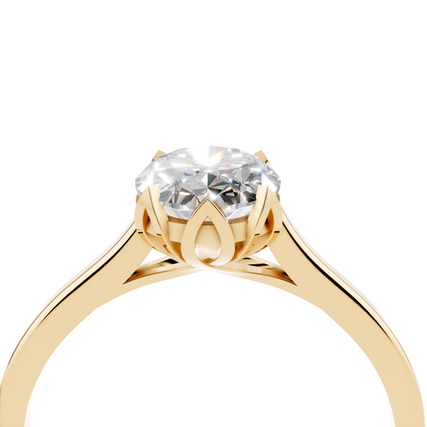 Yellow gold Oval Cut Solitaire Diamond Ring with Flower-Prong Setting and Classic Band