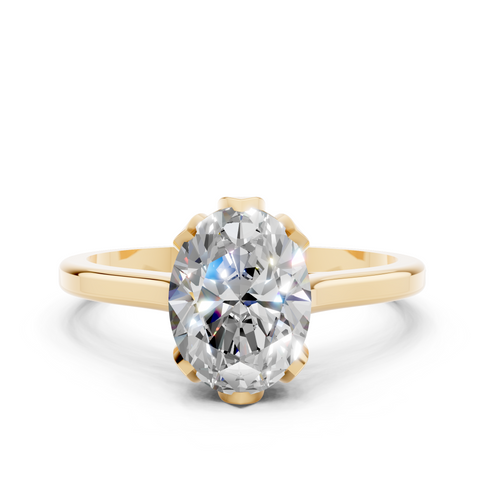 Yellow gold Oval Cut Solitaire Diamond Ring with Flower-Prong Setting and Classic Band