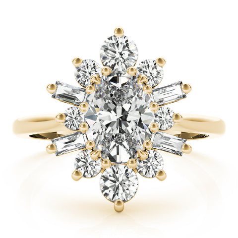 Yellow gold Oval Diamond Cluster Ring with Round and Baguette Stones, Split Shank Band, Prong Setting