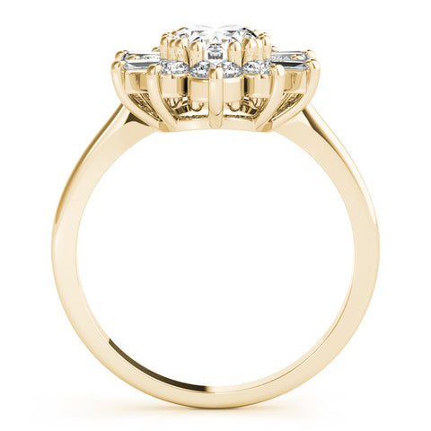 Yellow gold Oval Diamond Cluster Ring with Round and Baguette Stones, Split Shank Band, Prong Setting