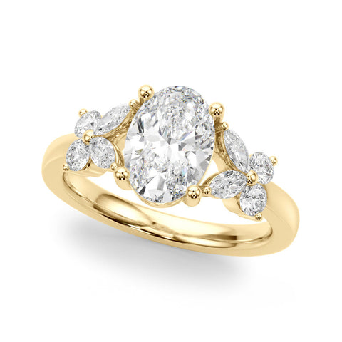 Yellow gold Oval Diamond Floral Cluster Ring with Solitaire Band and Prong Setting