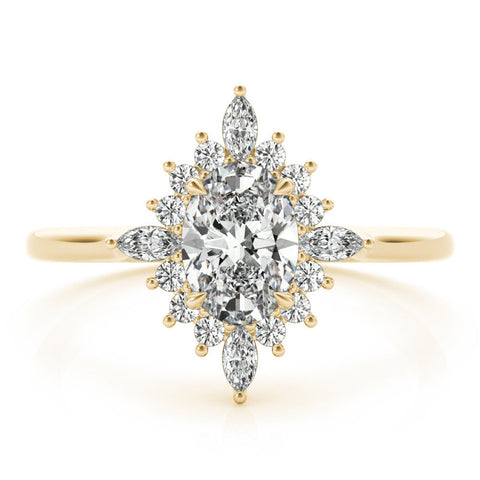 Yellow gold Oval Halo Diamond Cluster Ring with Marquise and Round Stones on a White Gold Band with Prong Setting