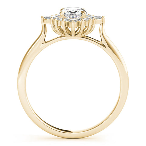 Yellow gold Oval Halo Diamond Cluster Ring with Marquise and Round Stones on a White Gold Band with Prong Setting