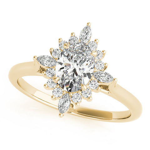 Yellow gold Oval Halo Diamond Cluster Ring with Marquise and Round Stones on a White Gold Band with Prong Setting