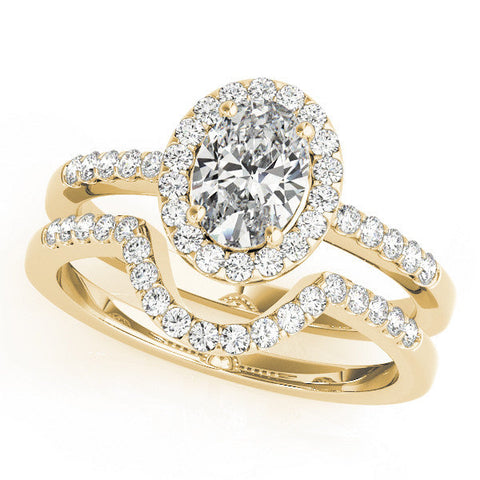 Yellow gold Oval Halo Diamond Engagement Ring with Pavé Band and Four-Prong Setting
