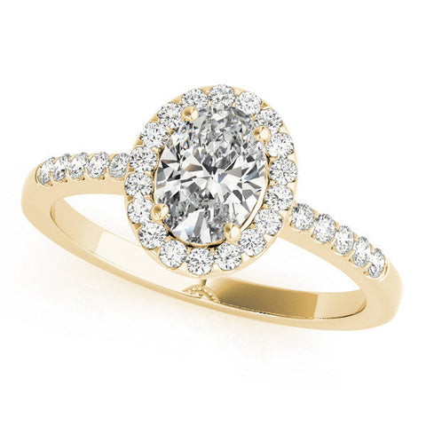 Yellow gold Oval Halo Diamond Engagement Ring with Pavé Band and Four-Prong Setting