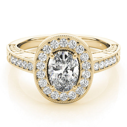 Yellow gold Oval Halo Diamond Engagement Ring with Pave Band and Four-Prong Setting