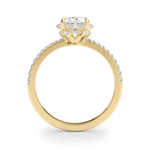 Yellow gold Oval Halo Diamond Pave Band Ring with Four-Prong Setting