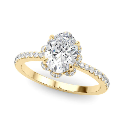 Yellow gold Oval Halo Diamond Pave Band Ring with Four-Prong Setting